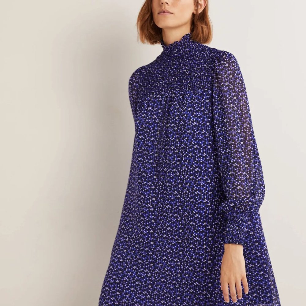 Boden Smoked Yoke Metallic Dress in Bluing Scatter Petal 14R